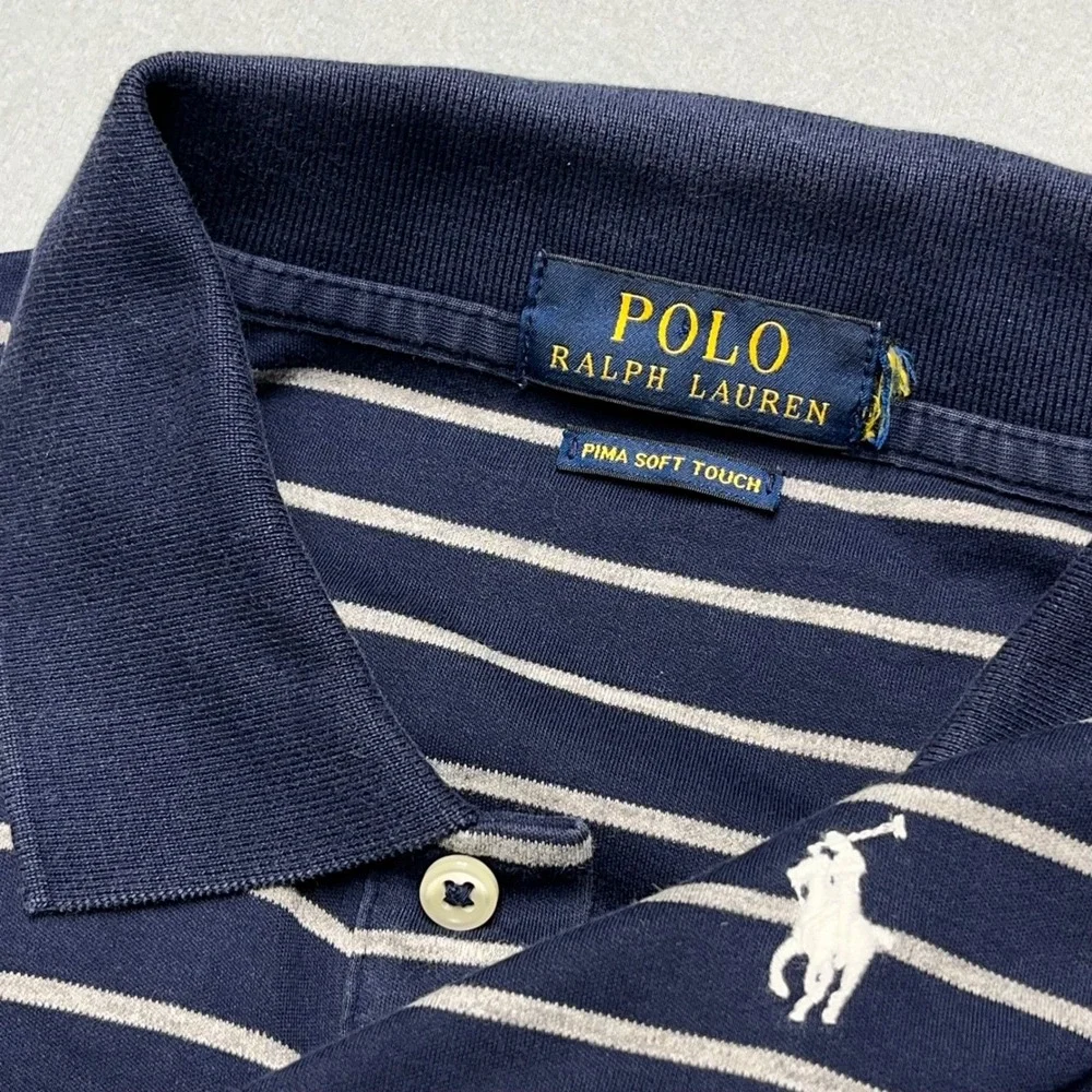 Polo Ralph Lauren Mens Pima Soft Touch Striped Polo Shirt Navy Blue White L 1802